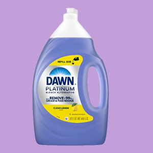 A Large Container of Dawn Platinum Power Lemon Dish Soap on a Lavender Background