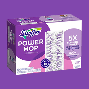A Box of Swiffer Power Mop Pads on a Dark Purple Background