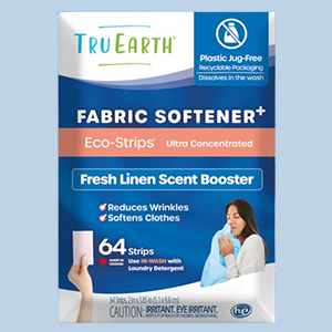 A Package of Tru Earth Fabric Softener Sheets on a Light Blue Background