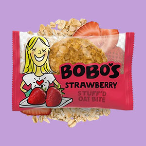 Bobo's Strawberry Oat Bars on a Lavender Background