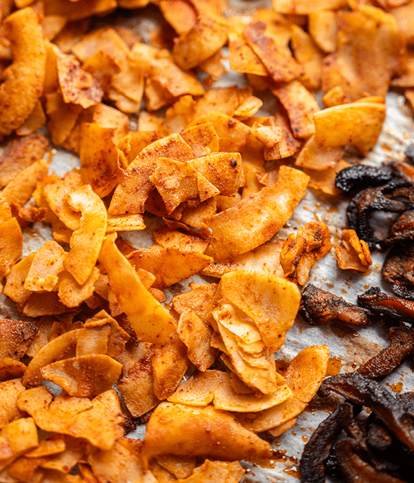A Close Up Image of Crispy Coconut Bacon Alternative