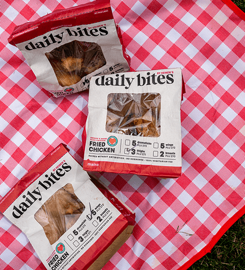 Heinen's Daily Bites Fried Chicken on a Red and White Checkered Blanket