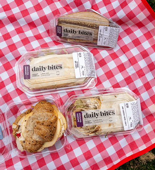 Four Heinen's Daily Bites Sandwiches and Wraps in their Containers on a Red and White Checkered Blanket
