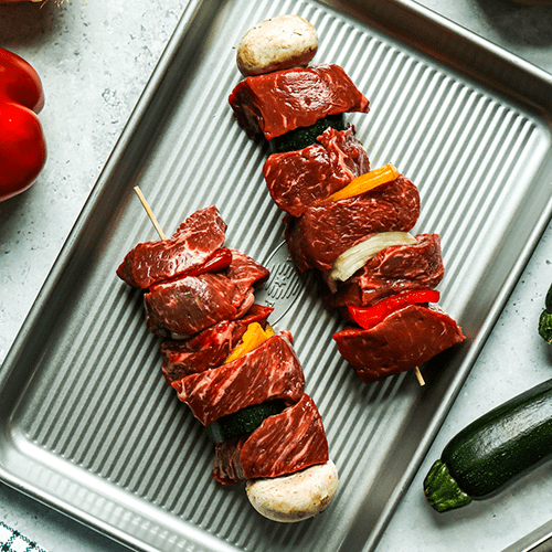 Heinen's Raw Beef Kabobs on a Metal Sheet Pan