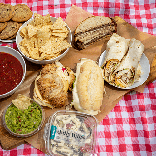 A Red and White Checkered Picnic Blanket with Sandwiches and Bowls of Dips and Chips
