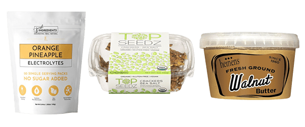 Just Ingredients Orange Pineapple Electrolytes, 8.5 Ounce, Top Seedz Crackers Sea Salt, 5 Ounce, Heinen's Fresh Ground Walnut Butter, 1 Pound