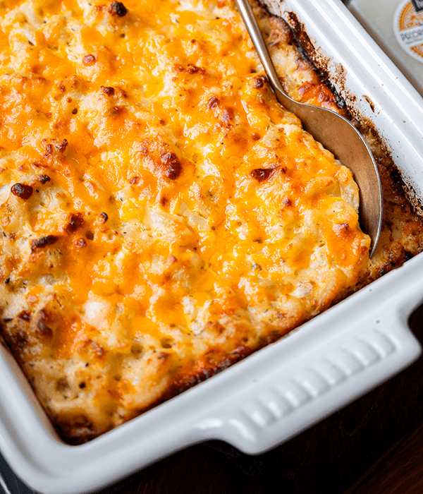 A Close Up Shot of Five Cheese Baked Macaroni and Cheese in a Baking Dish