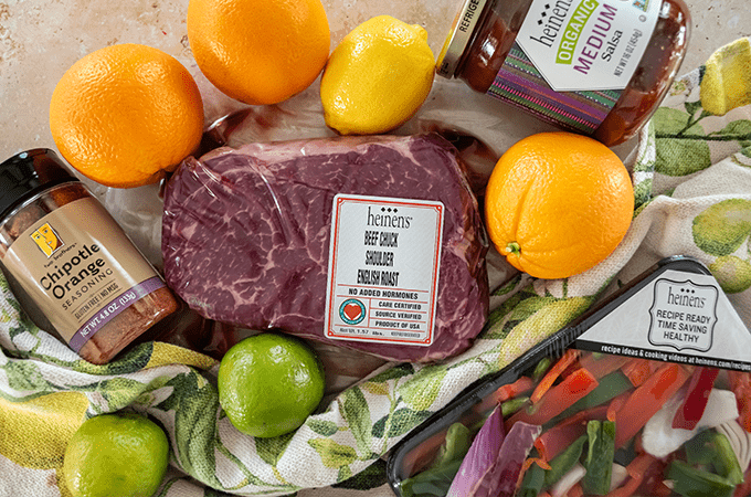 Heinen's Beef Chuck Shoulder English Roast surrounded by other recipe ingredients 