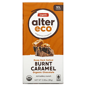 Bar of Alter Eco brunt caramel organic chocolate.