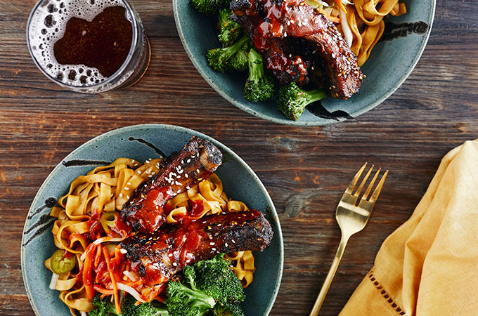 Bowl of Korean BBQ Ribs with Spicy Wavy Noodles