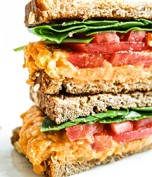 Two Halves of a Buffalo Chickpea Salad Sandwich