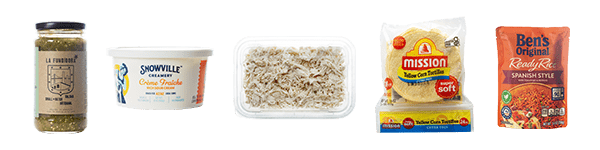 La Fundidora Fresca Salsa, Snowville Crème Fraiche, Pulled White Meat Chicken, Mission Yellow Corn Tortillas, Ben’s Original Spanish Style Rice