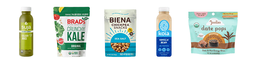 Suja Celery Juice, Brad's Crunchy Kale Chips, Biena Chickpea Snacks, Koia Vanilla Bean Protein, Joolie's Brownie Date Pops