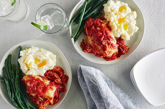 Stuffed Cabbage Dinner with mashed potatoes and green beans