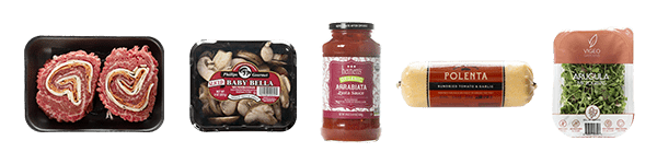 Flank Steak Stuffed with Mozzarella and Pepperoni, Phillips Sliced Gourmet Baby Bellas, Heinen’s Arrabiatta Sauce, San Gennaro Polenta with Sundried Tomatoes and Garlic, Vigeo Micro Arugula