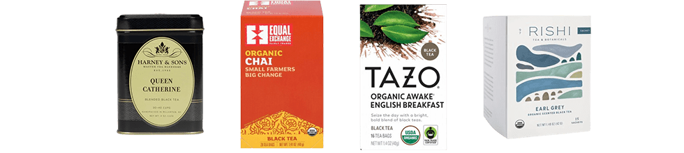 Harney & Sons Black Tea, Equal Exchange Chia Tea, Tazo English Breakfast Tea, and Rishi Earl Grey Tea