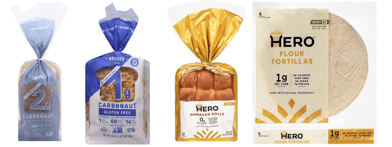 Two Packages of Carbonaut Bread, A Package of Hero Bread Hawiian Rolls, and a Package of Hero Bread Tortillas