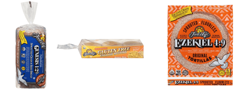 A Load of Food for Life Bread, a Package of Food for Life English Muffins, and a Package of Food for Life Sprouted Tortillas