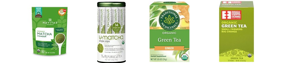 Navitas Matcha Tea Powder, Republic of Tea U-Matcha Single Sips Tea, Traditional Medicinals Green Tea, Equal Exchange Green Tea
