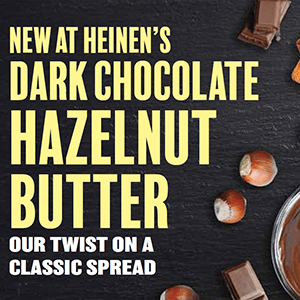 A Graphic that Says, "New at Heinen's Dark Chocolate Hazelnut Butter: Our Twist on a Classic Spread."