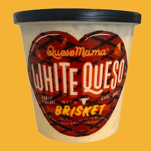 A Tub of Quesomama White Queso with Brisket