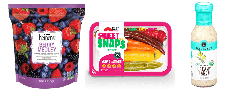 A Bag of Heinen's Frozen Berry Medley, A Container of Sweet Snaps Peppers, and a Bottle of Tessemae's Creamy Ranch Dressing
