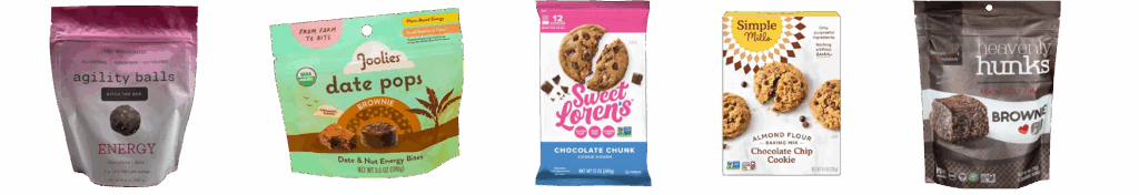 A bag of Agility Balls, A Bag of Joolies Date Pops, a Package of Sweet Loren's Cookie Dough, A Box of Simple Mills Cookie Baking Mix, a Bag of Heavenly Hunks