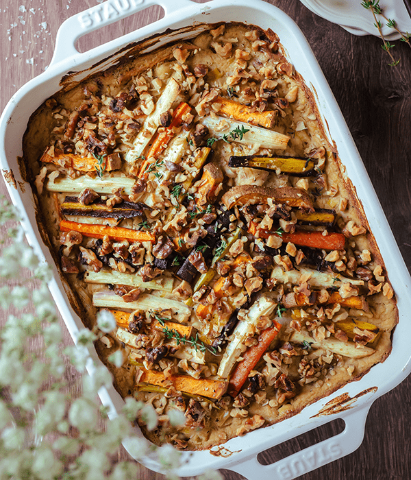 A Baking Dish of Creamy Root Vegetable Bake