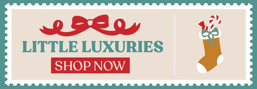 A Teal and Red Graphic That Reads Little Luxuries Shop Now