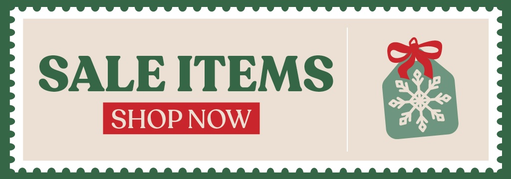 A Green, Red, and Cream Graphic that Says Sale Items Shop Now