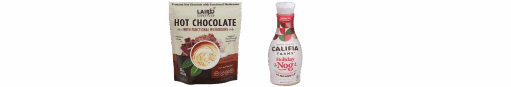 A Bag of Laird Superfood Hot Chocolate and a Bottle of Califia Farms Holiday Nog