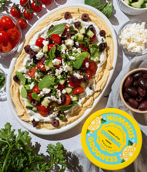 Mediterranean 7 Layer Dip with Heinen's goodness original hummus
