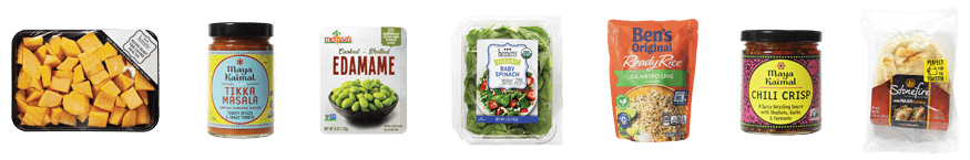 Butternut Squash Tikki Masala Bowl ingredients: Maya Kaimal Indian Simmer Sauce, Tikka Masala, Mild, Heinen's Diced Butternut Squash, Heinen's Baby Spinach, Shelled Edamame, Stonefire Naan, Mini, Original, 4 Pack, Bens Original Ready Rice Cilantro Lime, Maya Kaimal Chili Crisp.