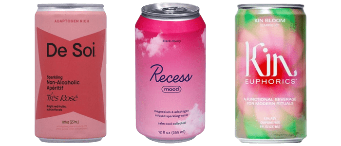 Collage of 3 drinks including: Très Rosé Sparkling Non-Alcoholic Apéritif & Recess Black Cherry Mood & Kin Euphorics Bloom