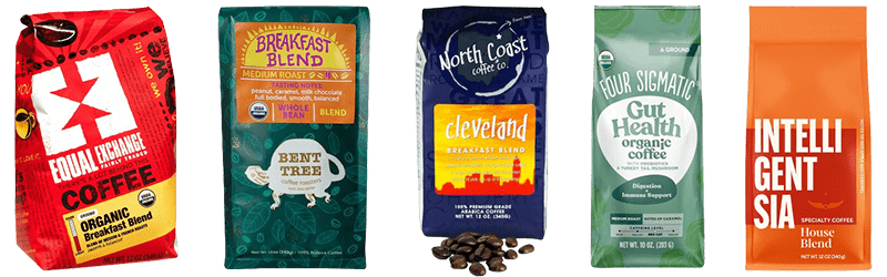 Collage of coffee's: Equal Exchange Organic Breakfast Blend, Bent Tree Organic Breakfast Blend, North Coast Coffee Cleveland Blend, Four Sigmatic Organic Gut Health Coffee (with mushroom extracts and probiotics), Intelligentsia Organic House Blend