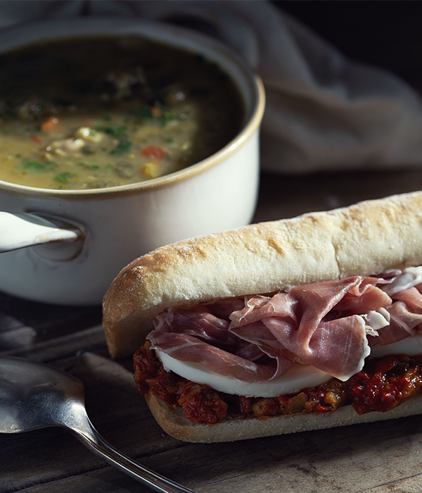 Proscuitto Mozzarella Sandwich and Soup prepared and plated