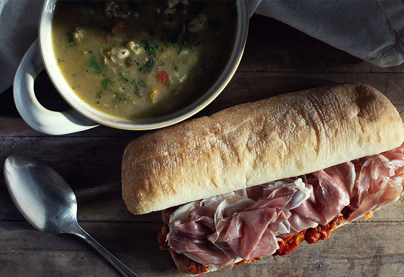 Proscuitto Mozzarella Sandwich and Soup