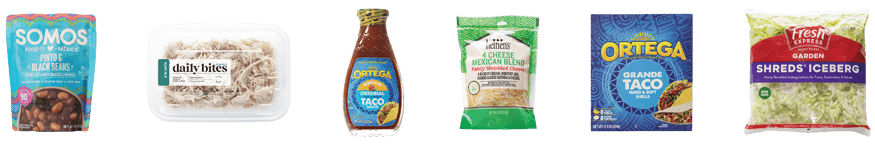 Taco Night Chicken and Beans Tacos ingredients: Ortega Grande Taco Shells, Pulled Rotisserie Chicken, White Meat, Somos Pinto & Black Beans in Red Salsa, Ortega Taco Sauce, Original, Medium, Fresh Express Shredded Lettuce, Heinen's 4 Cheese Mexican Blend Shredded Cheese.