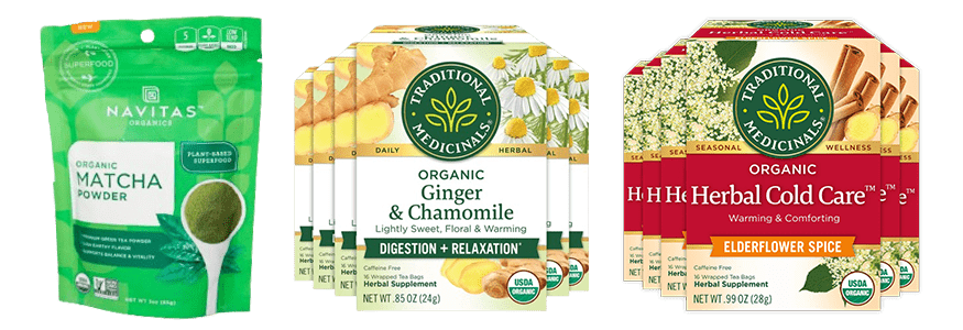 collage of Navitas Organic Matcha Powder, Traditional Medicinals Ginger and Chamomile Tea, and Traditional Medicinals Herbal Cold Care or Traditional Medicinals Echinacea + Elderberry