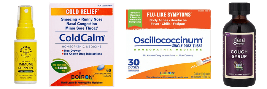 collage of Beekeeper's Propolis Immune Support Throat Spray, Boiron Oscillococcinum, Boiron ColdCalm, and Gaia Herbs Cough Syrup