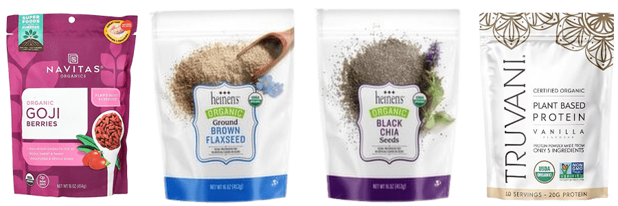 collage of Navitas Goji Berries, Heinen's Flaxseeds and Heinen's Chia Seeds, and Truvani Plant-Based Vanilla, Chocolate, or Unflavored Protein Powder