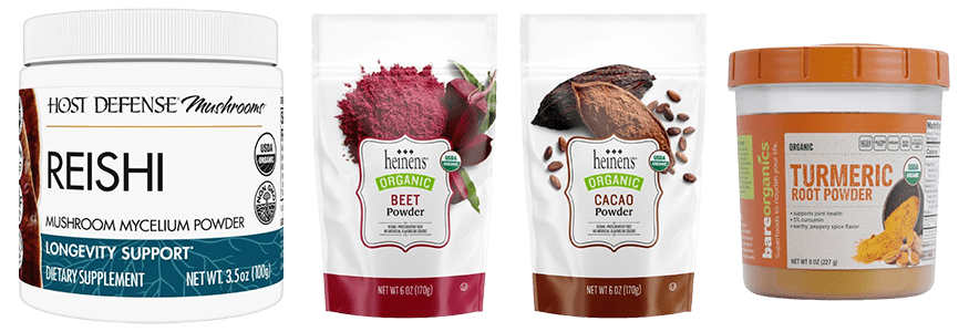 collage of Host Defense Reishi Mushroom Powder, Heinen's Beet Root Powder, Heinen's Cacao Powder, and Bare Organics Turmeric Root Powder