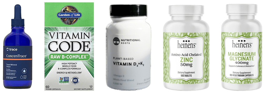 collage of Trace Minerals ConcenTrace, Garden of Life Vitamin Code Raw B-Complex, Nutritional Roots Vitamin D3 + K2, Heinen's Zinc, Heinen's Quercetin, and Heinen's Magnesium Glycinate