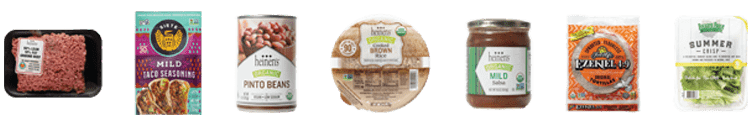 loaded burrito ingredients: Heinen's Organic Pinto Beans, Heinen's Organic Cooked Brown Rice, Heinen's Organic Mild Salsa, Siete Family Foods, Seasoning Taco Mild, Food for Life Tortillas, Sprouted Corn, 90% Organic Ground Beef, Buckeye Fresh Summer Crisp