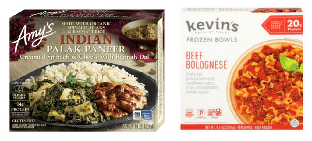 Amy’s Palak Paneer Whole Meal and Kevin's Beef Bolognese Bowl