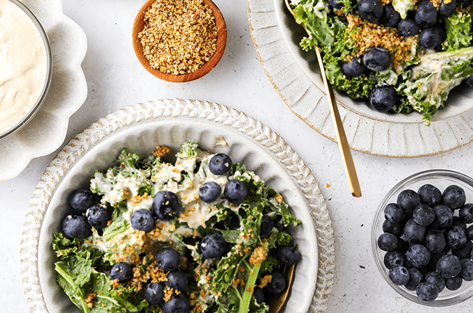 Kale Blueberry Salad with Pecan “Cheese” plated