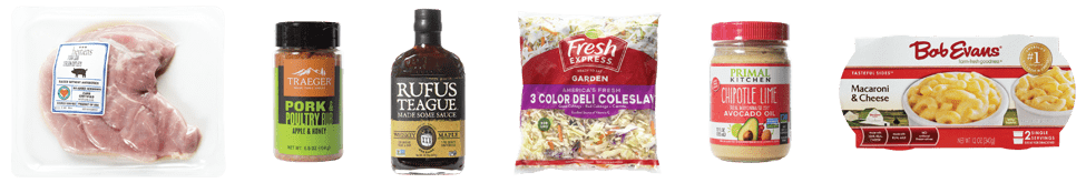 Whiskey Maple BBQ Pork Cutlet ingredients: Heinen's Heritage Breed Duroc Pork Sirloin Cutlets, Bob Evans Macaroni & Cheese Singles, Traeger Rub Pork & Poultry, Rufus Teague Whiskey Maple BBQ Sauce, Fresh Express 3 Color Cole Slaw, Primal Kitchen Mayo, Chipotle Lime.