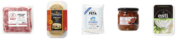 Grilled Lamb Burger Ingredients: Superior Farms Ground Lamb, Stonefire Naan Rounds, Original, Mt. Vikos Traditional Feta, Esti Original Tzatziki, Heinen's Marinated Sun-dried Tomatoes.