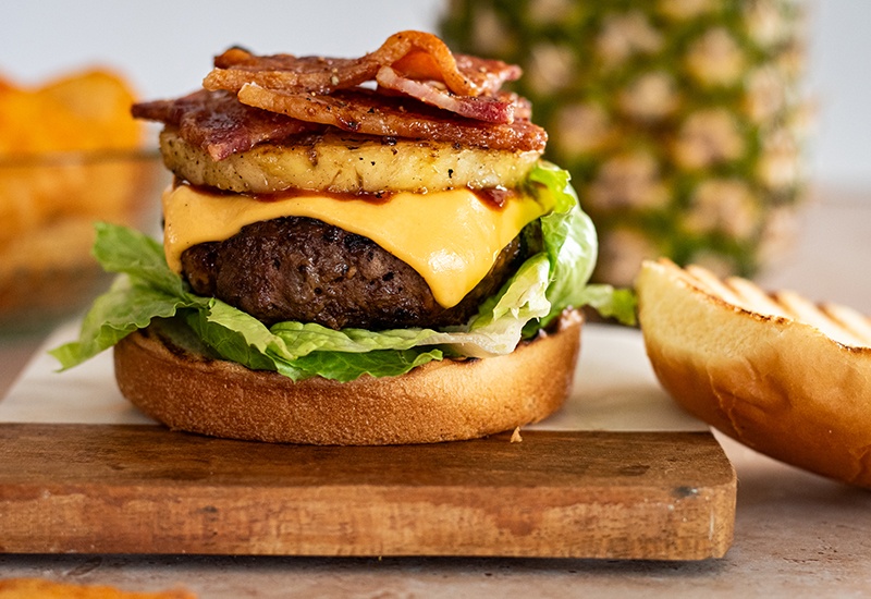 BBQ Cheddar Burger with Pineapple and Bacon