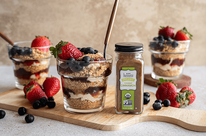 a bottle of Heinen's organic ground cinnamon next to the Mascarpone Parfait